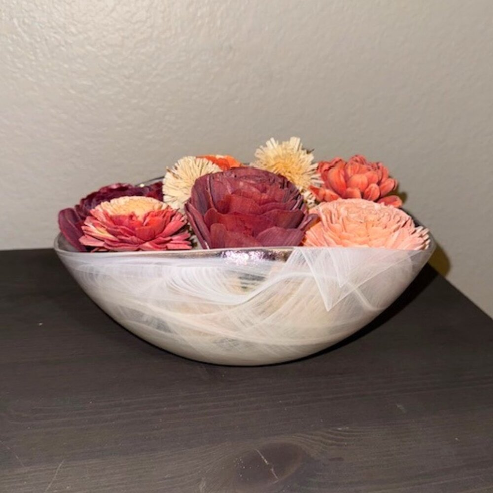 Murano White Hand-Blown Glass Freeform Bowl with Pink and Cream Flower Filler
